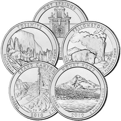 2010 United States Mint America the Beautiful Quarters: Hot Springs National Park, Arkansas, Yellowstone National Park, Wyoming, Yosemite National Park, California, Grand Canyon National Park, Arizona, and Mount Hood National Park, Oregon. Order Now!